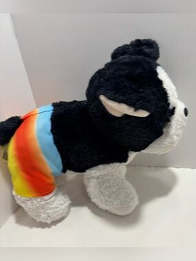 Plush Black & White Beach Dog in Rainbow Swim Trunks Plush 11”